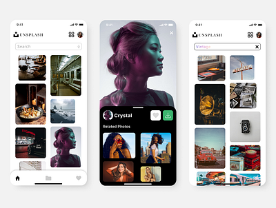 Unsplash App Redesign - Home, Search & Picture (3 of 4) android app dailyinspiration design graphic design ios photoapp redesign ui uidesign uidesigner unserinterface unsplash userexperience ux uxdesign uxdesigner