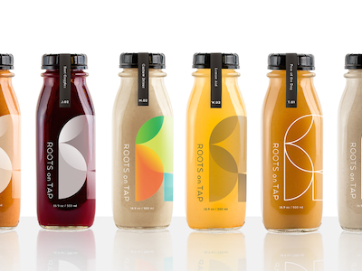 Roots on Tap Packaging blends branding identity juices labels packaging system