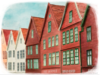 Bryggen in Bergen Norway archituecture illustration norway photoshop watercolor