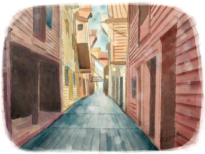 Bryggen archituecture illustration norway photoshop watercolor