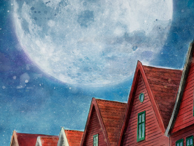 Bryggen Rooftops at Night illustratio moon night norway watercolor watercolour