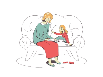 Grandma with her little girl book character characterdesign girl granddaughter grandma grandmother illustration sofa vector vector art