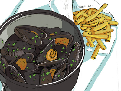 Mussels food french fries illustration mussel onion