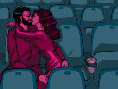 In the dark cinema kiss people