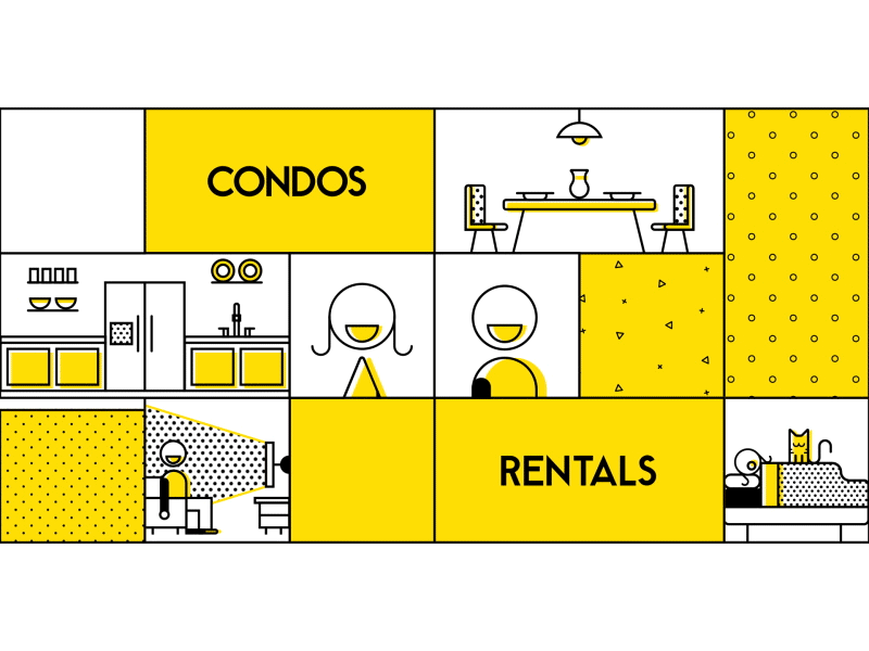 Condos and Rentals apartment cat character grid kitchen