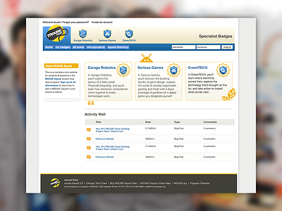 MOUSEsquad.org Specialist Experiment Home Page basges design education icons minds on design lab nonprofit technology web website