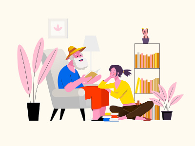 Dad accompanies his daughter to read #illustration drawing father illustration reading
