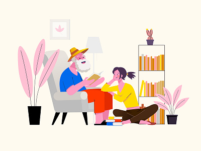 Dad accompanies his daughter to read #illustration