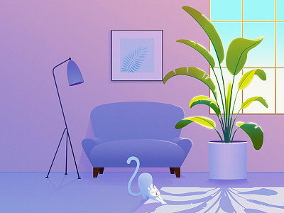 Sofa and flowers 9 armchair cat drawing flower illustration light