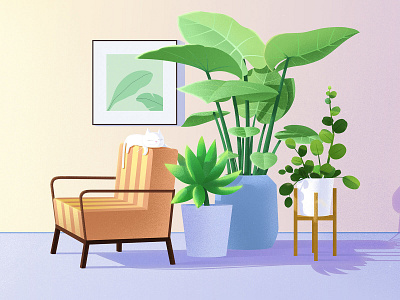 Sofa and flowers 12 armchair cat drawing flower green illustration
