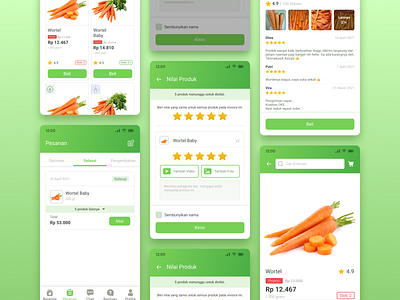 Rating and review score groceries products app branding clean design ecommerce figma flat green groceries mobile penilaian product rating review score ui uiux ulasan ux