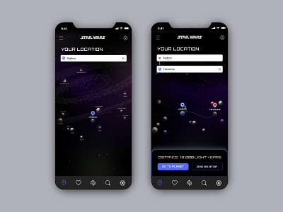 The Galaxy- Star Wars themed Travel App. Location Screen app design illustration minimal mobile app space star wars ui ux