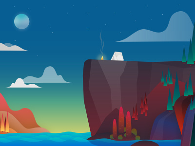 Camp Scene campfire camping cliffs design gradient illustration landscape sea vector
