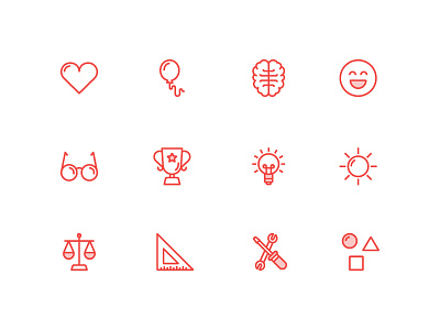 Core value icons award balloon brain glasses heart legal lightbulb shaded smile sun tools trophy