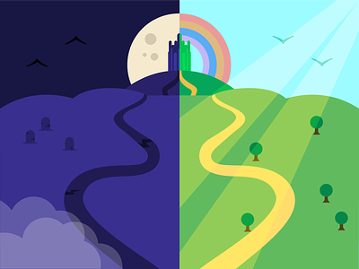 Two Paths city clouds darkness evil good illo illustration moon nature oz path rainbow road sunlight sunshine tombstone two paths