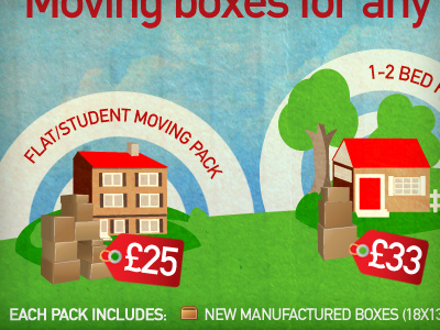 Boxed Up Banner cartoon grass houses prices tags trees