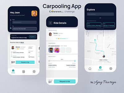 Carpooling Mobile App design concept app appdesign carpool clean darkblue figma map minimal modern ui ux