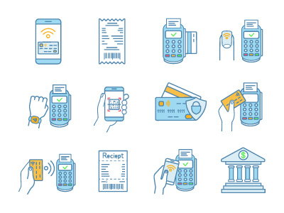 NFC payment color icons set banking cashless chip concept contactless credit card design e payment icon illustration implant mobile nfc pay phone smart smartphone smartwatch technology wireless