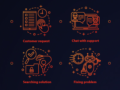 Customer service app chat chatbot concept customer customer care design fixing icon illustration light mobile neon onboarding request service steps support ui vector