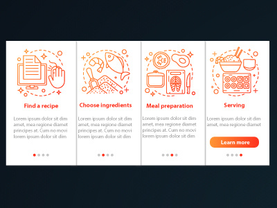 Catering onboarding mobile app pages app catering concept design food icon illustration infographic interface mobile navigation onboarding page screen step ui vector walktrough web