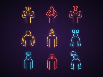 Emotional stress neon light icons set anxiety apathy burden confusion emotion emotional exhaustion feeling frustration glowing icon neon neon light person sadness set sign stress thinking trembling
