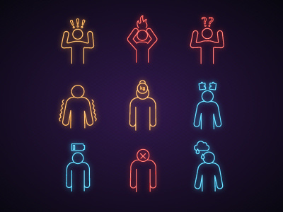 Emotional stress neon light icons set