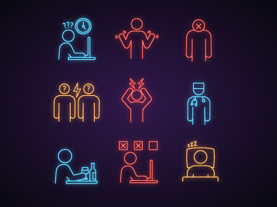 Emotional stress neon light icons set alcoholism apathy conflict doctor emotion emotional feel feeling glowing headache icon neon neon light neon sign person set sign sleep stress stressed