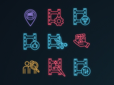 Film industry neon light icons set