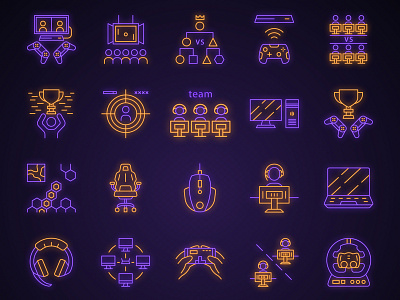 Esports neon light icons set concept cup design device esports game gamer icon illustration industry light logo multiplayer neon online play player tournament vector videogame