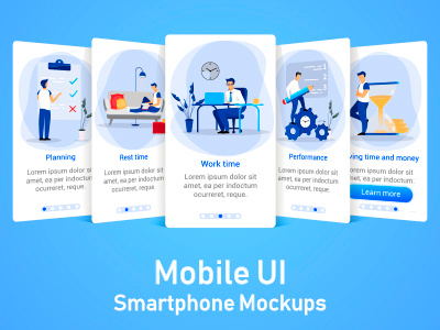 Mobile UI mocups concept app business cartoon character design illustration interface menu mobile mockup planning screen smartphone time ui ux vector web web element web graphics