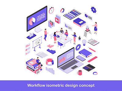 The workflow isometric design concept analitycs business concept design economy idea illustration isometric isometric art isometry laptop office process stationery teamwork vector web graphics webdesign workers workflow