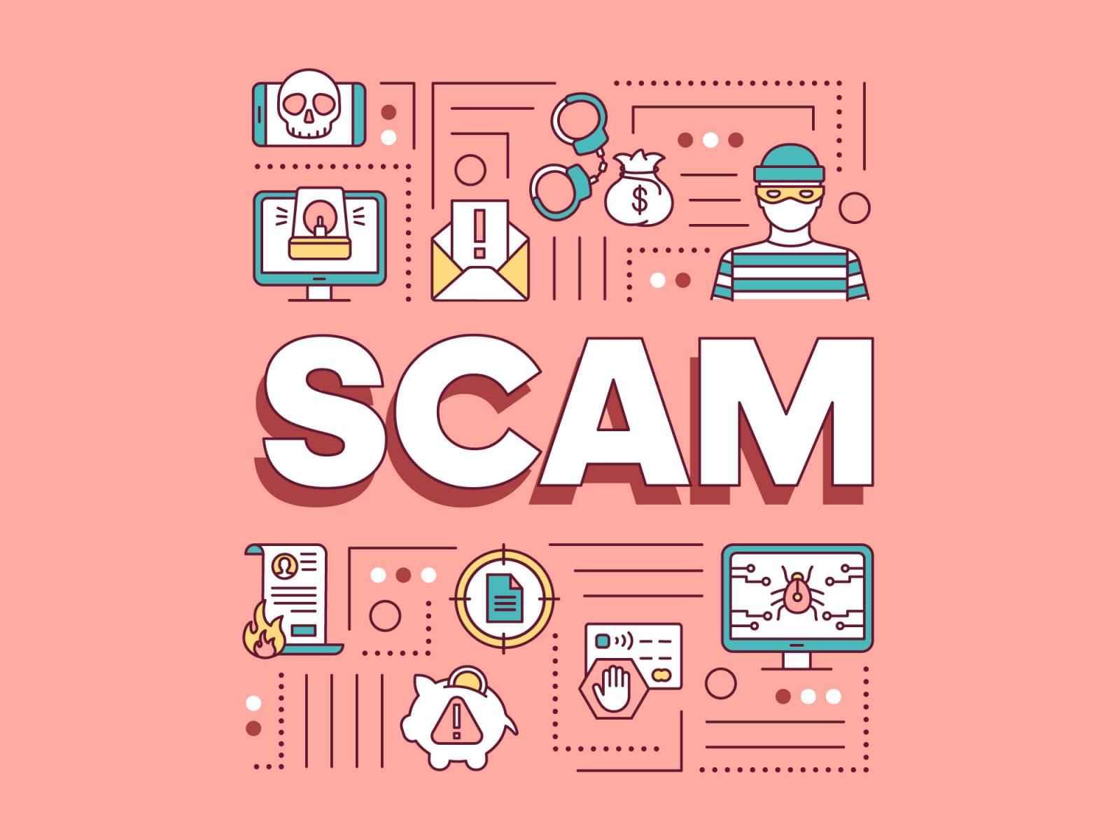 How do you protect from the scam? attack banner bug card concept credit crime criminal design fake finance hack illustration money scam virus warning web
