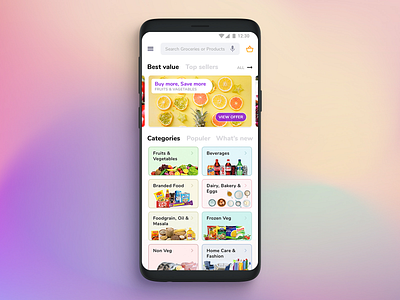 Home Screen - Grocery App android template colourfull e commerce grocery app homescreen minimal design modern ui online grocery shopping uikit user experience design user interface design