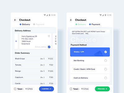 Checkout - Grocery App android template app design checkout checkout form checkout process delivery envatomarket grocery grocery app interaction minimal design online grocery shopping order details order summary payment shooping ui uikit user experience design user interface design