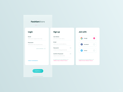 Login / Signup / Joinwith - FashionStore 2019 add design android app clean creative dribbble shot e commerce fashion interaction design ios app join with login minimal register shopping app sign in signup uidesign uikit ux ui design