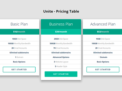 Unite Pricing Table clean css3 free freebie html5 lightweight minimal plan pricing table