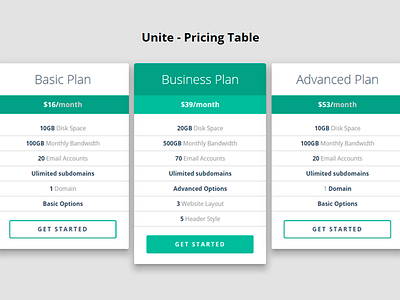 Unite Pricing Table clean css3 free freebie html5 lightweight minimal plan pricing table