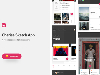 Cherise Sketch App - Free Design Resource Download app design resource ecommerce feed freebie kit mobile music navigation profile sidebar ui