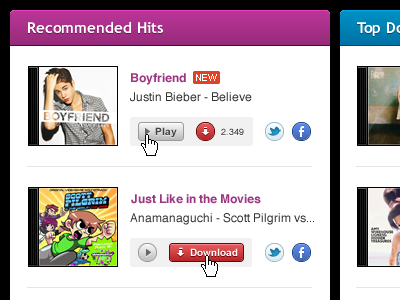 Recommended Hits List (update) app blue button cd cover download facebook grey music play preview purple red rubbik share single store top twitter ui