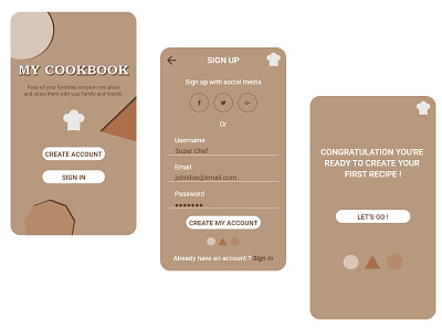 Daily UI #001 / Sign up My CookBook app application brown challenge concept dailyui flat mobile recipe app signup ui ux white