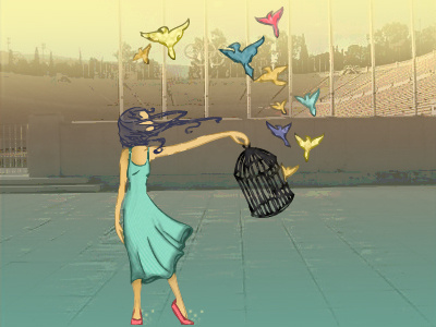 Free Bird Dos birds cage freedom girl illustration illustrator photoshop sparkle