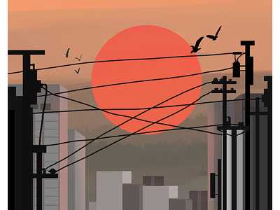 Sweet Creature birds buildings design digital illustration illustration landscape sunset vector