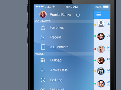 Mobile navigation for an telecommunication app blue contact mobile navigation swipe ui ux visual voice