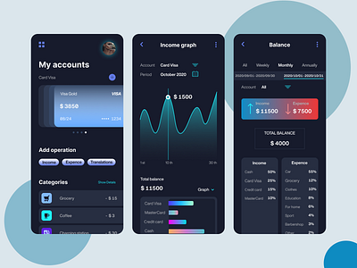 Expense Manager Dark Theme Mobile APP UI UX Design