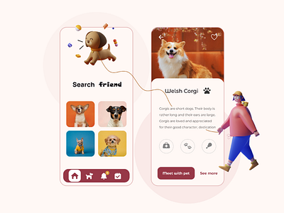 Search friend | Dog | Mobile App UI UX Design app corgi design designer dog figma friend illustration mobile mobile app search ui ui ux ux