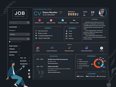 Dashboard CV | Dark Theme UI UX Design cv dark dashboard dashboard design dashboard ui design designer education experience interest job jobs portal profile search skills theme ui ux