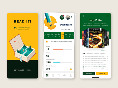 Reading books App | Dashboard UI UX Designer app book books catalog content dashboad design designer harrypotter list listen mobile mobile app read reading reading app reviews ui ui ux ux