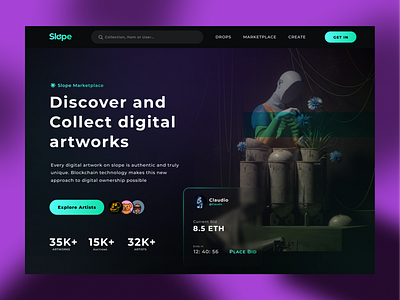 Nft Platform Landing page bitcoin coin crypto wallet cryptoart dark exploration finance gradient landing page marketplace minimal money nfts token ui ui design web design website