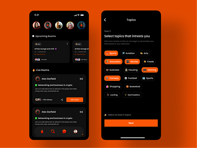 Social audio app app audio button chat dark mode explore minimal room social ui uiux ux voice call