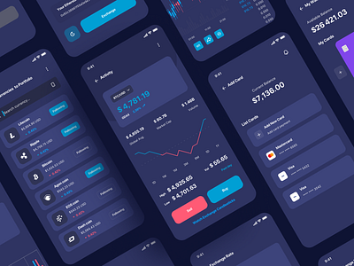 Ilumia Crypto Mobile App balance bank app bank card banking bill card cards chart clean crypto crypto currency crypto exchange crypto wallet dark mode finance finance app fintech statistics ui design wallet